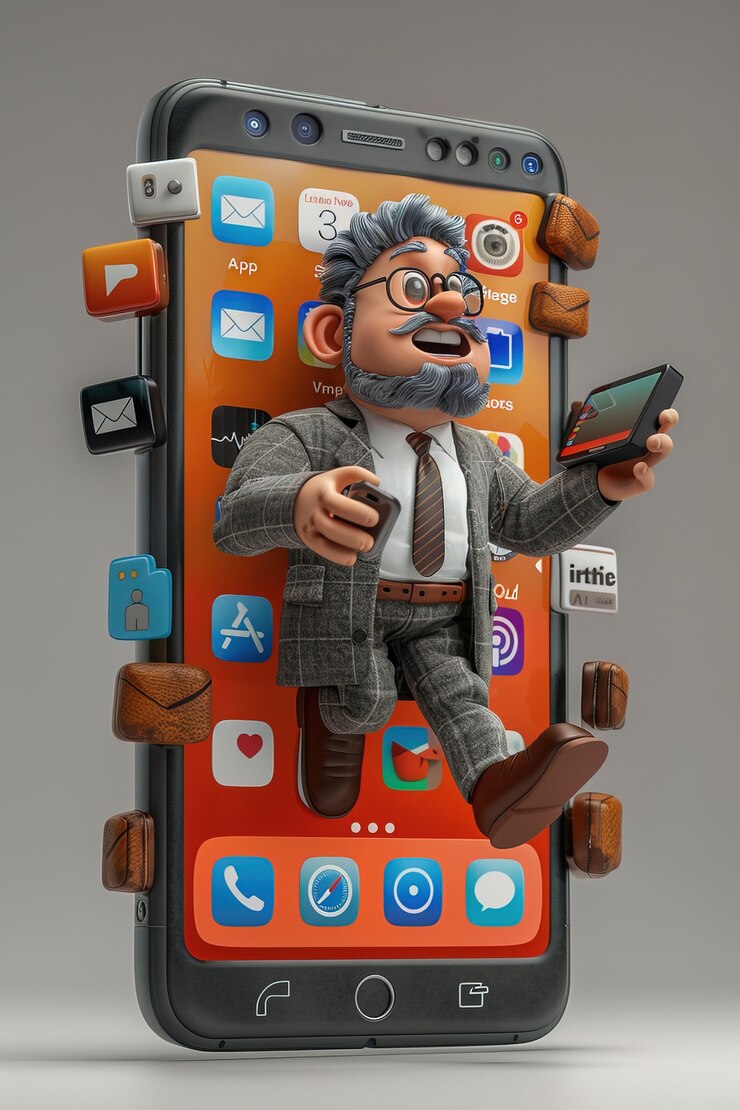 Foto gratuito personaggio 3d che emerge da uno smartphone