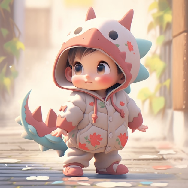Personaggio animato bambino con illustrazione di costume di drago