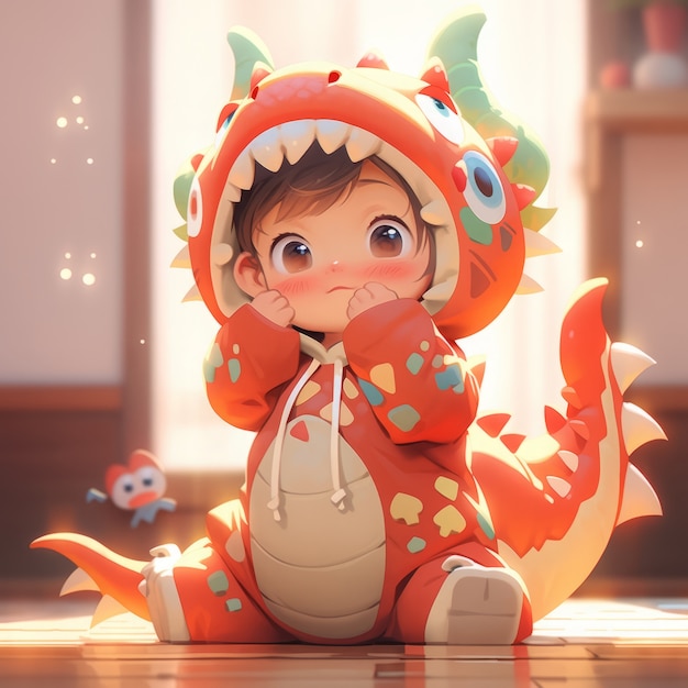 Personaggio animato bambino con illustrazione di costume di drago