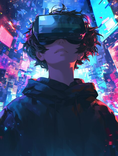Personaggio di anime che usa occhiali di realtà virtuale nel metaverso