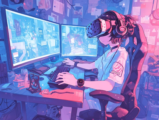 Personaggio di anime che usa occhiali di realtà virtuale nel metaverso