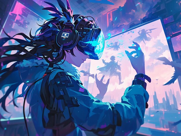 Personaggio di anime che usa occhiali di realtà virtuale nel metaverso