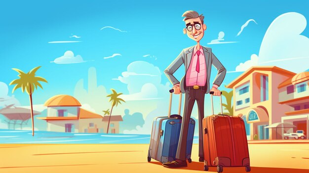 Personaggio in stile cartone animato che viaggia