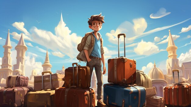 Personaggio in stile cartone animato che viaggia