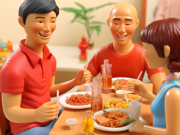 Persone 3D che si godono la cena di riunione durante la celebrazione del Capodanno cinese