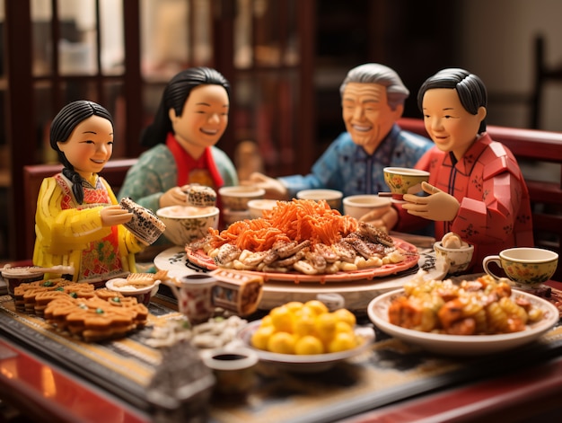 Persone 3D che si godono la cena di riunione durante la celebrazione del Capodanno cinese