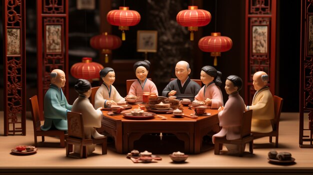 Persone 3D che si godono la cena di riunione durante la celebrazione del Capodanno cinese