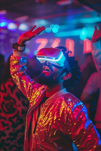 Persone che ballano ad una festa immersiva con cuffie di realtà virtuale e colori al neon brillanti