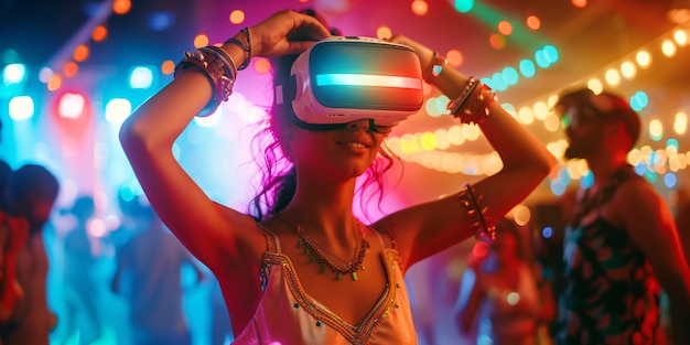 Persone che ballano ad una festa immersiva con cuffie di realtà virtuale e colori al neon brillanti