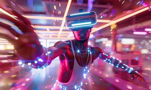 Persone che ballano ad una festa immersiva con cuffie di realtà virtuale e colori al neon brillanti