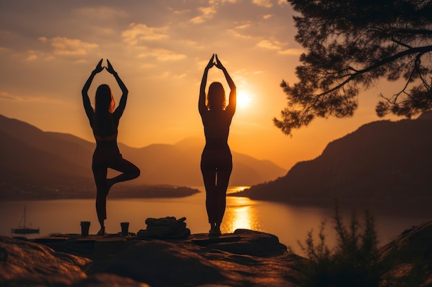 Persone che fanno yoga al tramonto