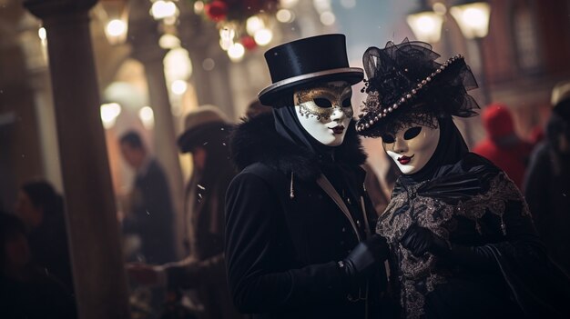 Persone che festeggiano il capodanno a Venezia con le maschere