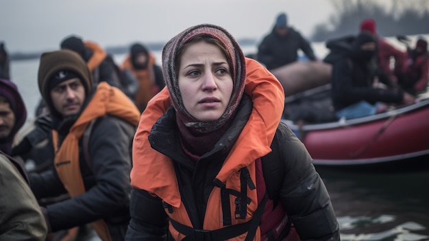 Persone che indossano giubbotti di salvataggio durante una crisi migratoria