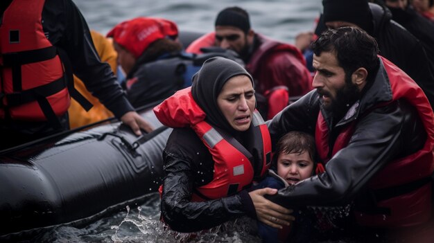 Persone che indossano giubbotti di salvataggio durante una crisi migratoria