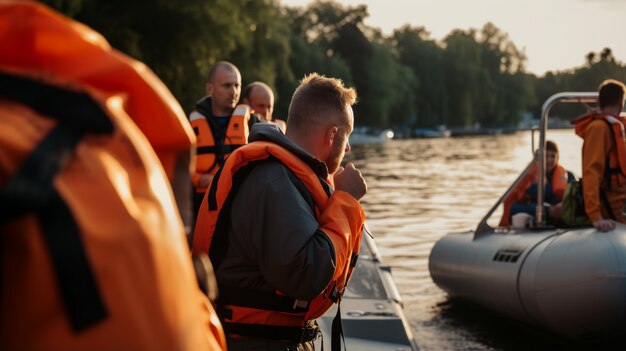 Persone che indossano giubbotti di salvataggio durante una crisi migratoria