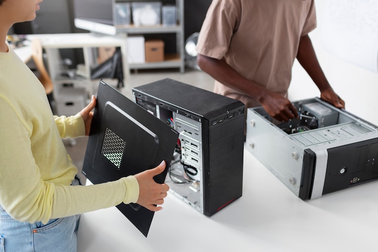 Foto gratuito persone che riparano chip di computer