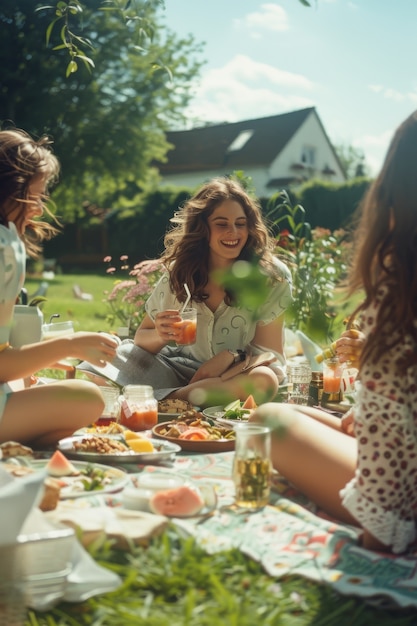 Persone che si godono un giorno di picnic estivo insieme all'aperto