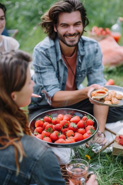 Persone che si godono un giorno di picnic estivo insieme all'aperto