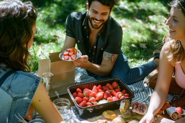 Persone che si godono un giorno di picnic estivo insieme all'aperto