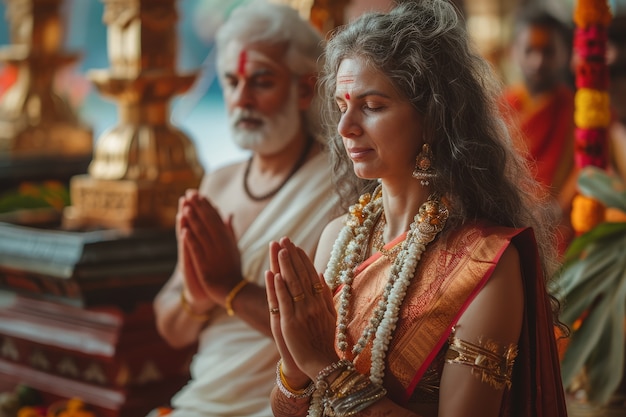 Persone di livello medio che celebrano il capodanno tamil