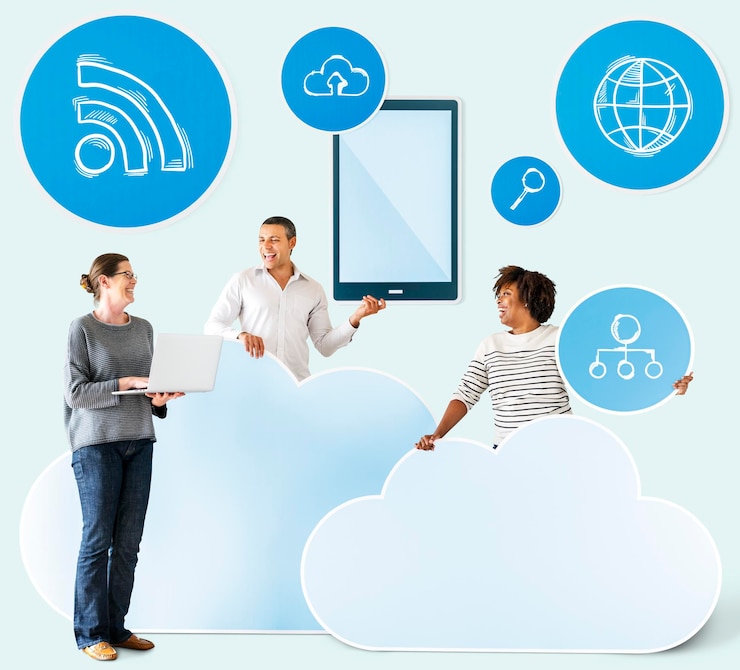 Foto gratuito persone felici con icone cloud e tecnologia