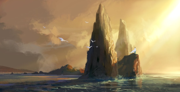 Persone in abiti bianchi stanno sulla roccia in riva al mare al tramonto, guardando nell'illustrazione in lontananza.