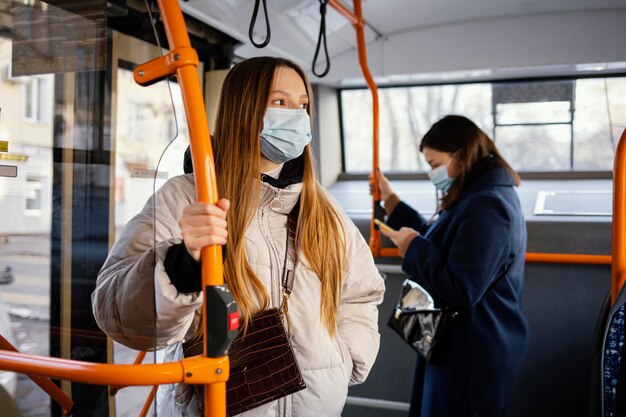 Persone nel trasporto pubblico che indossano la maschera