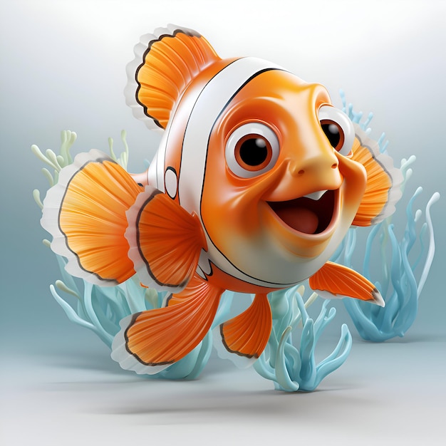 Pesce clown dei cartoni animati con l'anemone sullo sfondo del mare