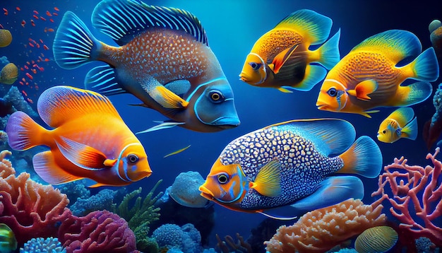 Pesci multicolori che nuotano in una vibrante barriera corallina IA generativa