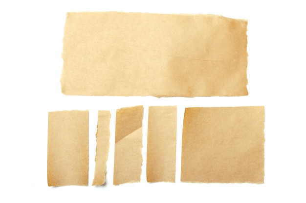 Pezzi di carta strappati marroni su sfondo bianco