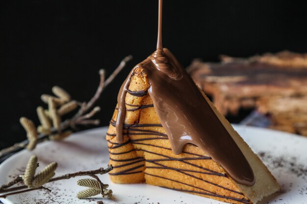 Pezzo di torta di formaggio condita con vista ravvicinata di cioccolata calda