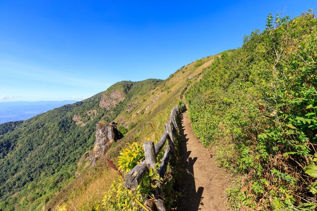 Pha Ngam Noi Scogliera e panorama della valle vista a Kew Mae Pan sentiero natura Parco Nazionale di Doi Inthanon Chiang Mai Thailandia