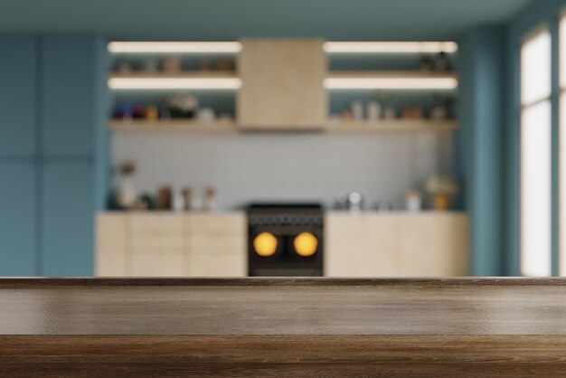 Piano del tavolo in legno scuro su sfocatura dello sfondo della stanza della cucina Interno della stanza della cucina moderna e contemporanea