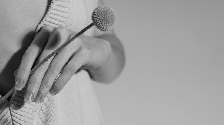 Foto gratuito pianta della holding della mano ad alto angolo in bianco e nero