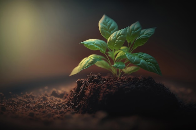 Piantina verde che cresce nel terreno su sfondo scuro Piantina nel terreno