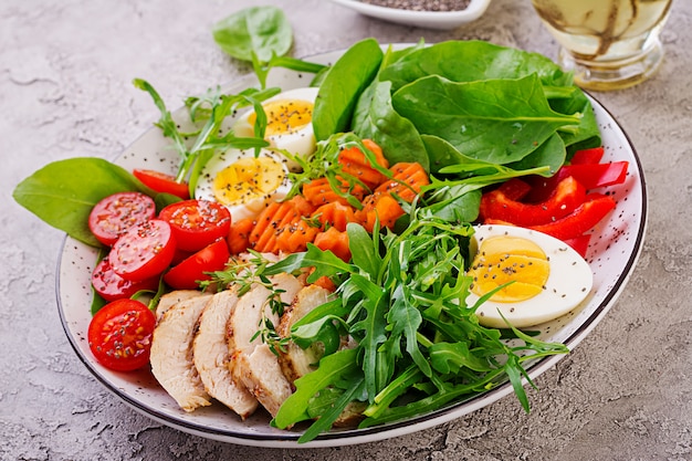 Piastra con un alimento dieta cheto. Pomodorini, petto di pollo, uova, carota, insalata con rucola e spinaci. Pranzo di Keto