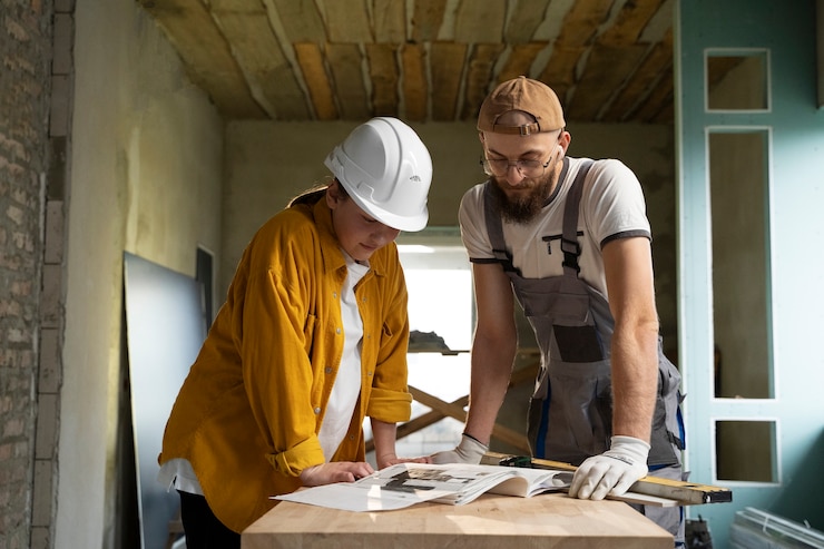 Foto gratuito piastrellista che lavora alla ristrutturazione dell'appartamento