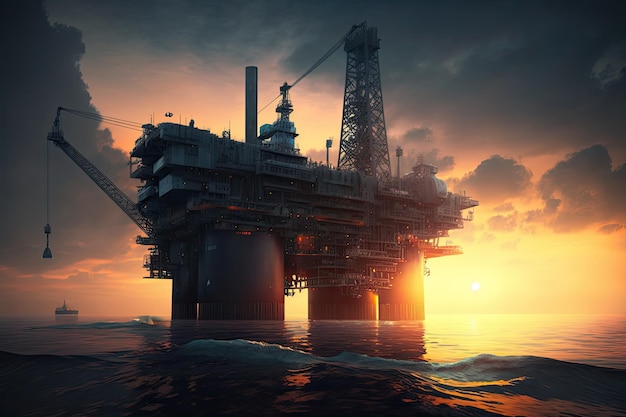 Piattaforma petrolifera nell'oceano con il sole che tramonta dietro di essa