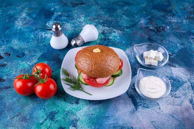 Piatto bianco di deliziosi hamburger e pomodori sulla superficie blu.