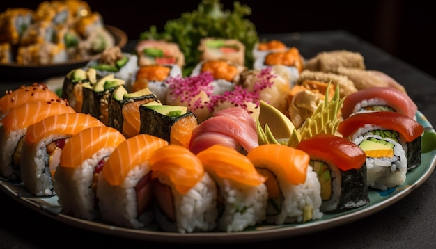 Piatto da pranzo sano di sashimi con frutti di mare freschi generati dall'intelligenza artificiale