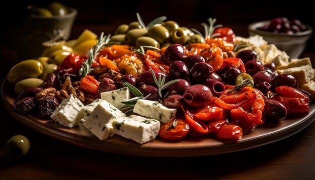 Piatto di antipasti mediterranei freschi con variazione di olive generato da AI