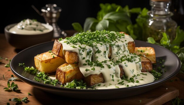 Piatto di carne e verdure alla griglia, pranzo fresco e sano generato dall'intelligenza artificiale