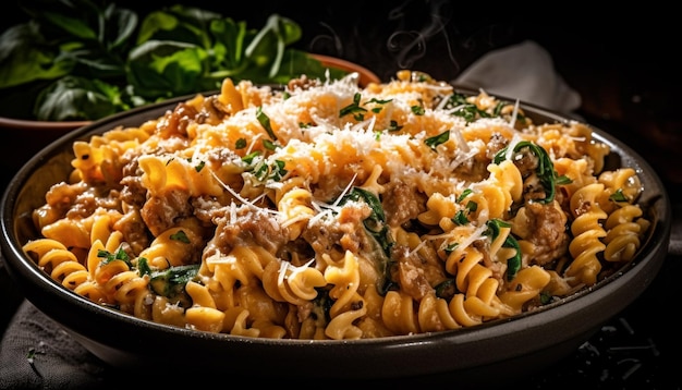 Piatto di pasta fatta in casa con carne e verdure generato da AI