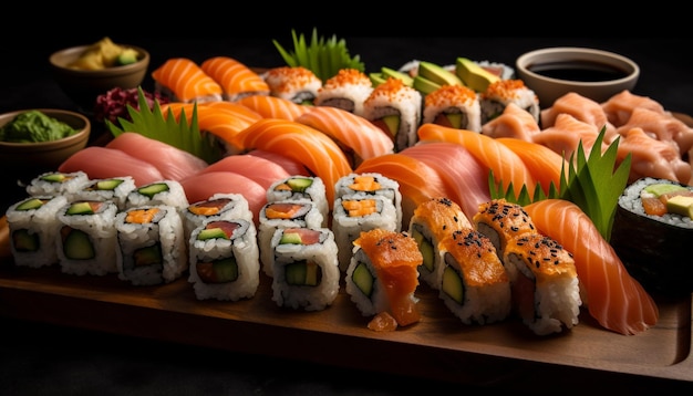Piatto di pesce fresco con sushi sashimi e wasabi generato dall'intelligenza artificiale