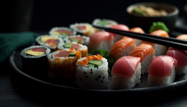 Piatto di pesce fresco Maki sushi nigiri sashimi generato da AI