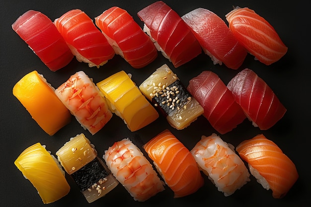 Piatto di sushi a frutti di mare molto dettagliato con semplice sfondo nero