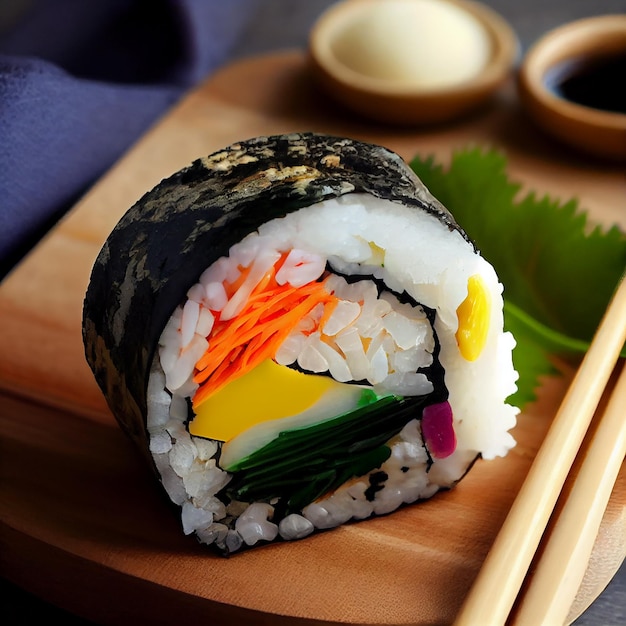Piatto di sushi di pesce fresco con verdure arrotolate sane generate dall'intelligenza artificiale