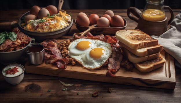 Piatto rustico di maiale con fetta di pancetta grigliata generato da AI