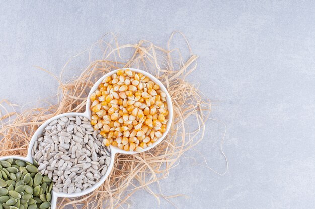 Piatto snack con porzioni di pepitas essiccate, semi di girasole e chicchi di mais su superficie di marmo