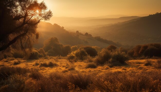 Picco di montagna retroilluminato dall'alba arancione generata dall'intelligenza artificiale